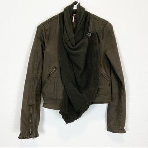 Free People Army Green Denim Jacket Built In Scarf